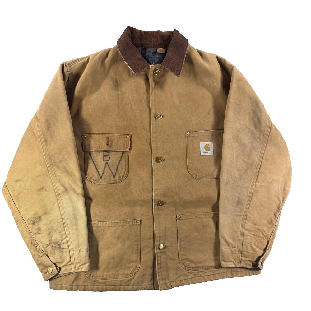 Carhartt Coat Mens Large Brown Canvas Blanket Lined‎ Chore Workwear Distressed